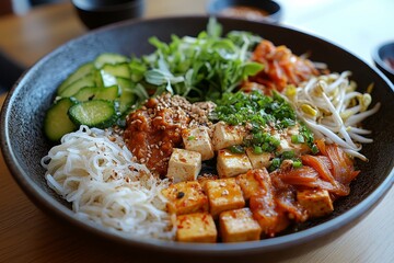 Fototapeta premium Tofu bibimbap bowl, fresh vegetables, Asian cuisine, restaurant setting, healthy meal