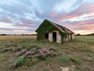 Obraz premium Overgrown abandoned house in a field at sunset