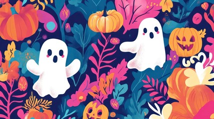 Cute ghosts and pumpkins in vibrant autumn leaves.