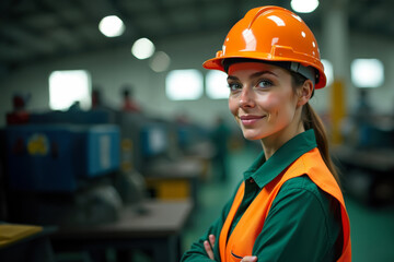 portrait of young female worker in orange helmet standing with arms crossed in factory