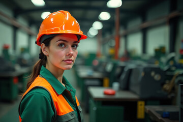 young female worker in orange helmet and uniform standing in factory or plant workshop