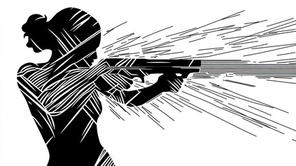 PNG-style stencil of a person holding a weapon, designed with bold, sharp lines for an abstract and artistic effect.