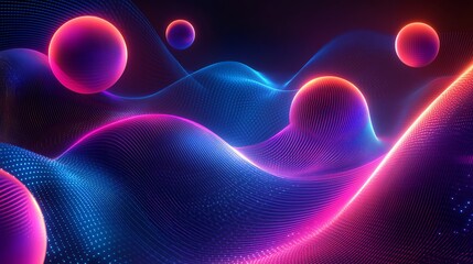 Fototapeta premium Colorful Wave Patterns and Floating Spheres Create a Mesmerizing Abstract Digital Art in Vibrant Hues and Luminous Textures
