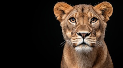 Naklejka premium Close-up portrait of a young lioness against a black background
