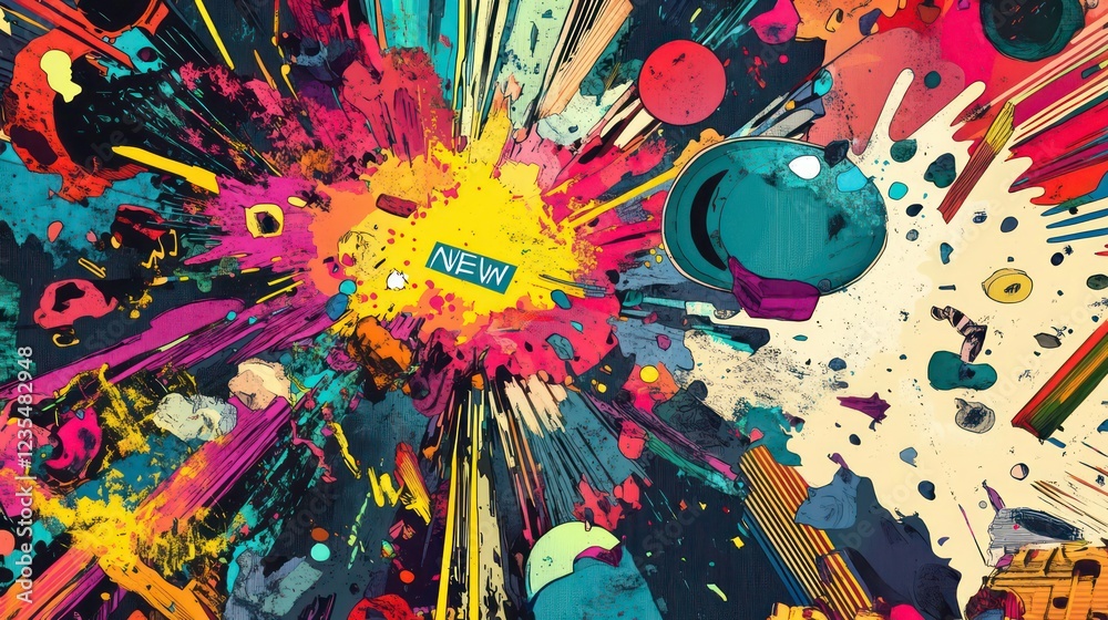 Poster abstract vibrant explosion of colors, shapes, and textures; dynamic composition with central burst.
