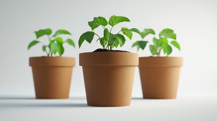 Fototapeta premium Indoor Plant Pots with Fresh Green Leaves on a Minimalist Surface