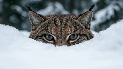Lynx peering from snowdrift in winter forest