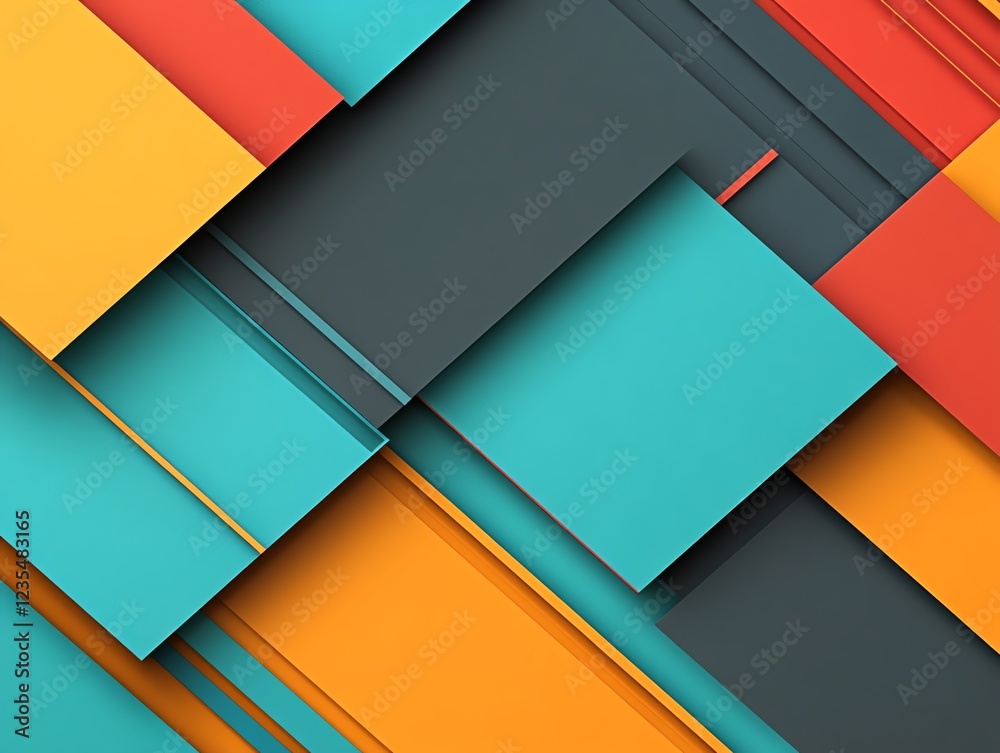Poster colorful abstract composition with layered geometric shapes creating dynamic visual interest and tex