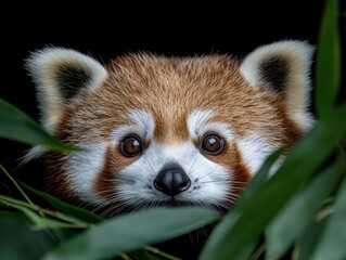 Closeup of a red panda peeking through bamboo leaves