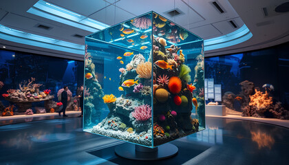 A floating glass cube filled with vibrant coral reefs and exotic sea creatures, suspended in a futuristic art gallery