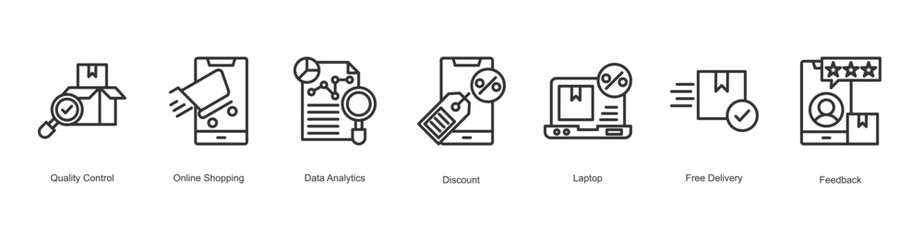 Personal Branding Icon Quality Control, Online Shopping, Data Analytics, Discount, Laptop, Free Delivery, Feedback