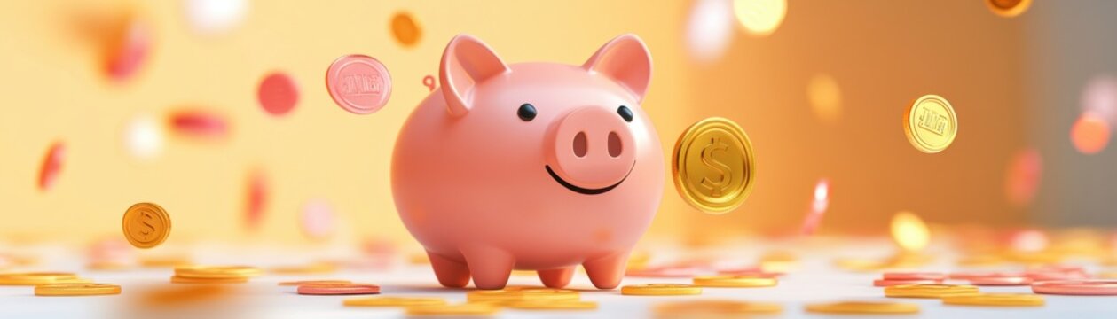 A cheerful piggy bank surrounded by scattered coins, symbolizing savings and financial prosperity.