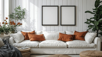 Modern Living Room with Empty Picture Frames: A stylish living room with a white sofa, cozy pillows, and greenery, featuring two empty picture frames ready for your creative designs.