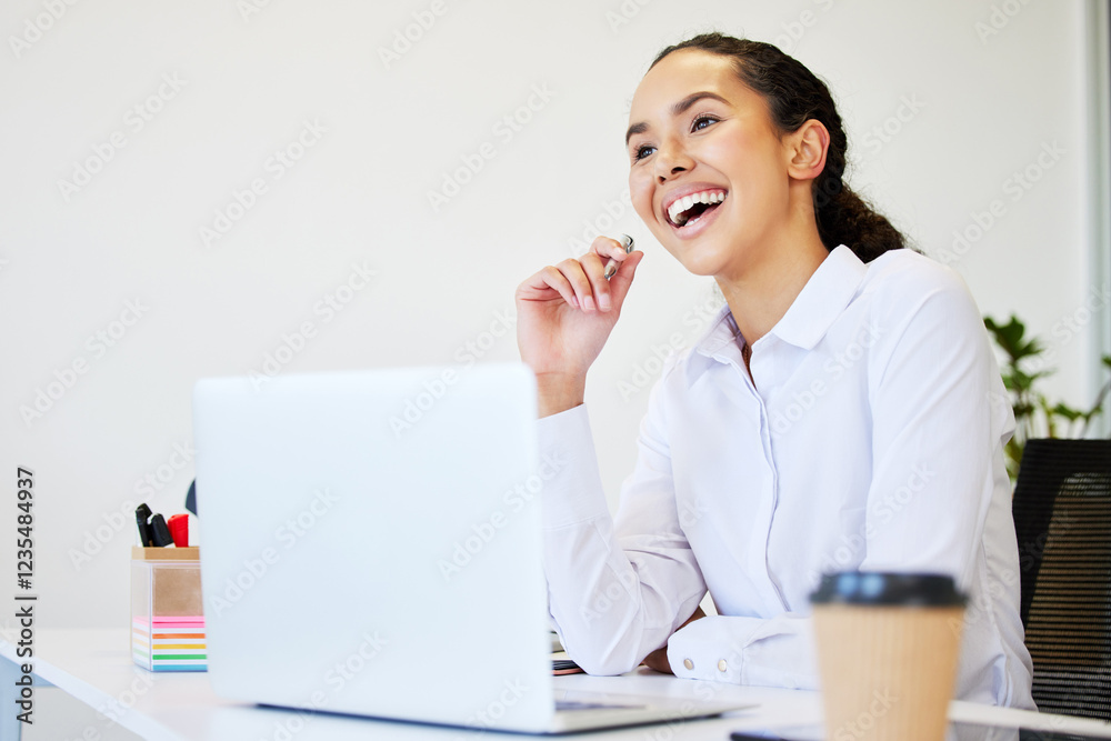 Poster thinking, laugh and business woman with laptop for solution, planning and problem solving. corporate