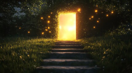 Obraz premium Glowing doorway in a mystical forest, leading to a bright light via stone steps.