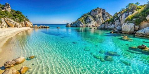 Fototapeta premium Sandy beach with crystal clear turquoise water at Spiaggia Porto Ghiacciolo in Italy surrounded by limestone cliffs and rugged rocks , beautiful beach, ocean