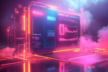 A vibrant, futuristic digital interface displays data and analytics, surrounded by glowing neon lights and a smoky atmosphere.