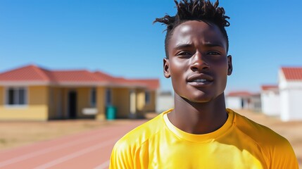 Portrait of a young male athlete wearing a yellow sports jersey, standing on a track with residential houses in the background, looking focused.