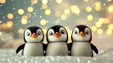 Fototapeta premium Three cute cartoon penguins standing together in the snow under warm festive bokeh lights.