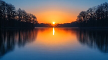 Obraz premium Serene Sunset Reflecting on Calm Lake Water. AI Generated
