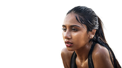 Young East Asian Indian woman tired after practicing exercise try to recover. hard run workout. sweaty. success fit sports. Transparent background. png