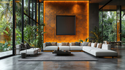 Modern Luxury Living Room: Immerse yourself in a serene and sophisticated living space.  A sleek, modern sectional sofa with plush cushions rests on a plush rug, inviting you to relax and unwind.