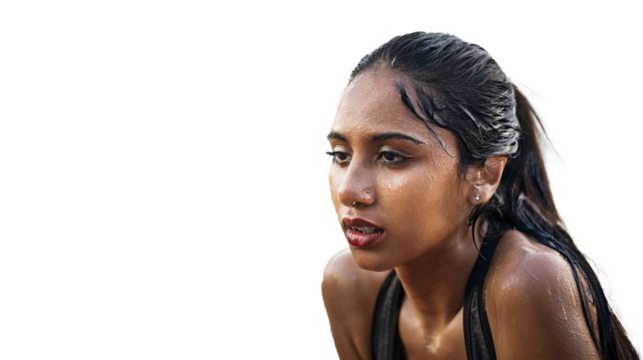 Young East Asian Indian woman tired after practicing exercise try to recover. hard run workout. sweaty. success fit sports. Transparent background. png
