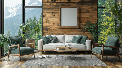 Mountain View Living Room: A modern living room boasts panoramic mountain views through expansive windows.  Warm wood paneling accents the contemporary furniture.