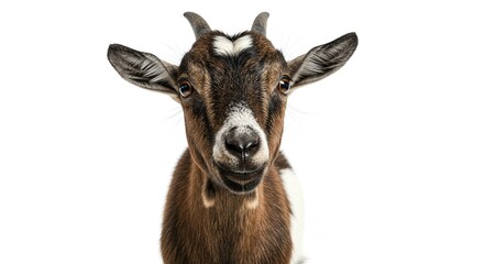 Fototapeta premium Adorable Young Goat Portrait Close up Farm Animal Brown and White Fur Isolated on White Background