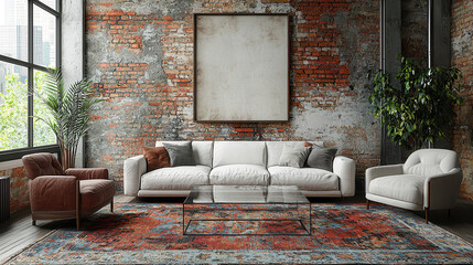 Modern Loft Living Room: A contemporary living room features a white sofa and two armchairs, a glass coffee table and a large canvas mockup on a brick wall.