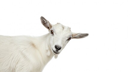 Obraz premium Adorable Young Goat Kid White Fur Curious Expression Isolated on White Background