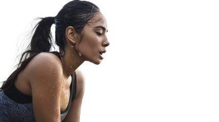 Young East Asian Indian woman tired after practicing exercise try to recover. hard run workout. sweaty. success fit sports. Transparent background. png