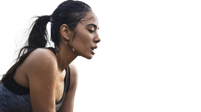 Young East Asian Indian woman tired after practicing exercise try to recover. hard run workout. sweaty. success fit sports. Transparent background. png - Powered by Adobe