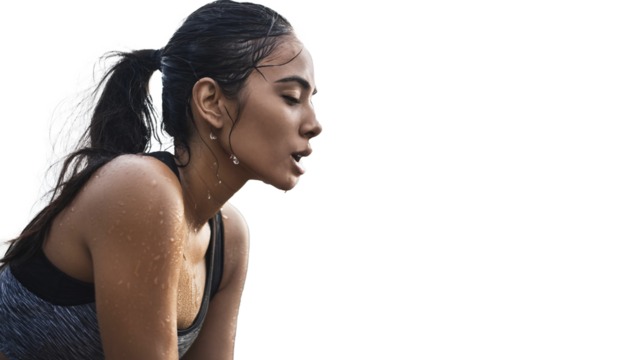 Young East Asian Indian woman tired after practicing exercise try to recover. hard run workout. sweaty. success fit sports. Transparent background. png - Powered by Adobe