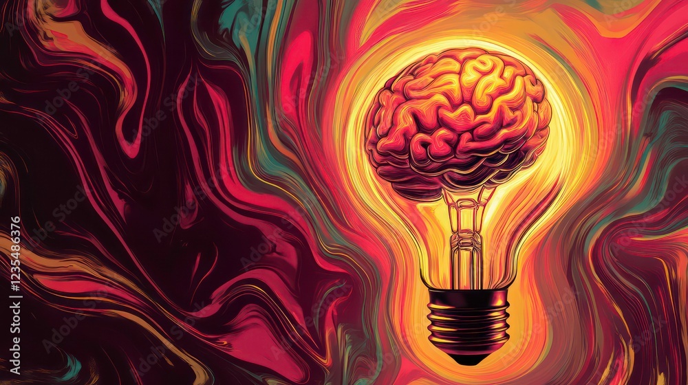 Poster illuminated brain inside lightbulb, abstract swirling background.