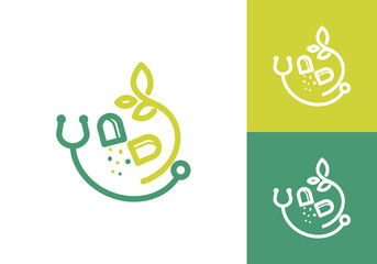 Pharmacy logo template. Vector illustration of herbal health and medical care design, stethoscope and natural medicine logo