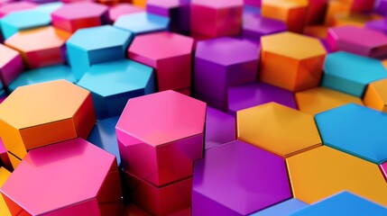 A close up of a colorful, geometric abstract pattern of hexagons in pink, blue, orange and purple.