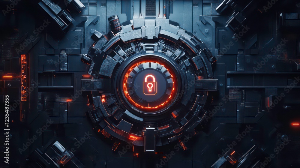 Poster Futuristic digital lock interface with glowing padlock symbol in a dark, technological setting.