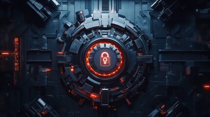 Futuristic digital lock interface with glowing padlock symbol in a dark, technological setting.