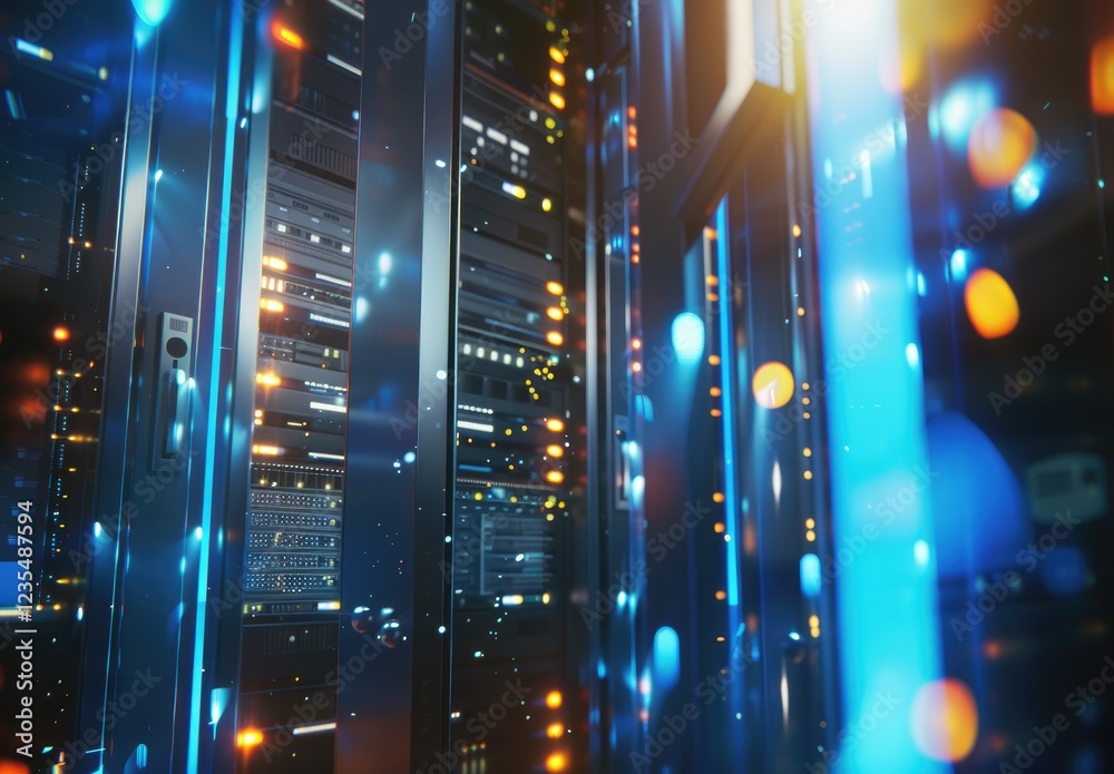 Poster vivid close-up of illuminated server racks with glowing blue and orange lights in a futuristic data 