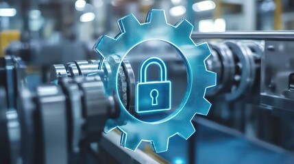 Cyber security in industrial automation; a padlock icon inside a gear in a factory.