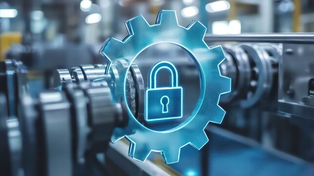 Cyber security in industrial automation; a padlock icon inside a gear in a factory. - Powered by Adobe