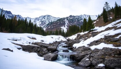 Snowy Mountain Stream Winter Landscape