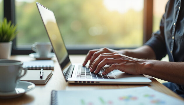 Male freelancer working on a laptop with hands typing on a wooden desk near a window