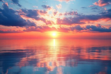 Fototapeta premium A vibrant sunset casts colorful reflections on a calm ocean, blending hues of orange, pink, and blue against soft, fluffy clouds.