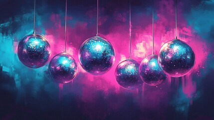 Fototapeta premium Disco Balls Swinging Vivid Neon Cloudscape. AI Generated