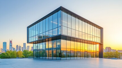Modern glass office building at sunset.