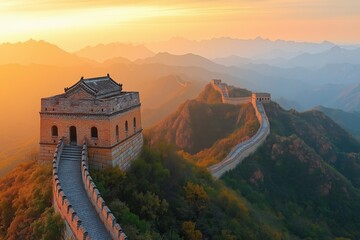 Majestic sunrise illuminates the Great Wall of China amidst serene mountain landscape