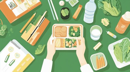 Healthy Lunchbox Preparation: A Top-Down View of a Nutritious Meal and School Supplies