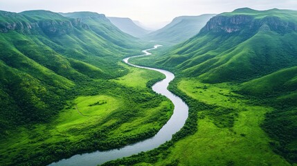 Fototapeta premium A breathtaking aerial view of lush green valleys and a winding river, surrounded by mountains under a soft, cloudy sky.